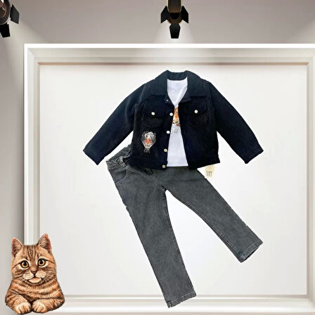 3-4-5 Yaş Fitilli Kadife Ceket Kot Pantolonlu 3lü Kız Erkek Çocuk Takımı Siyah