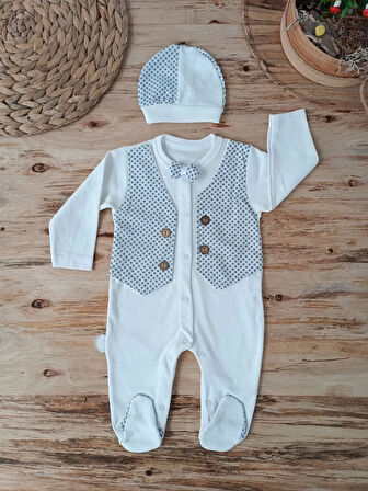 0-3 3-6 6-9 Ay Şapkalı Yelek Detaylı Boydan Çıtçıt Erkek Bebek Tulumu Ekru