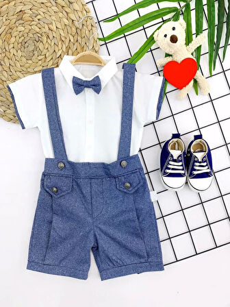 9-12-18-24 Ay Papyonlu Gömlek 2li Erkek Bebek Salopet Takımı İndigo