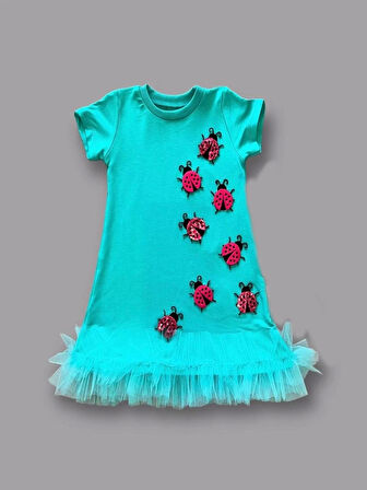 1-2-3 Yaş Uğur Böceği Nakışlı Fırfır Uçlu Kız Çocuk Jile Elbisesi Turkuaz
