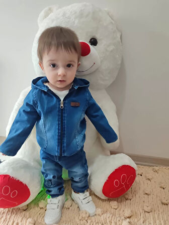 9-12-18-24 Ay Kot Kumaş Kapşonlu Uzun Kol Sweatli Kot Kumaş 3lü Erkek Bebek Takımı Mavi