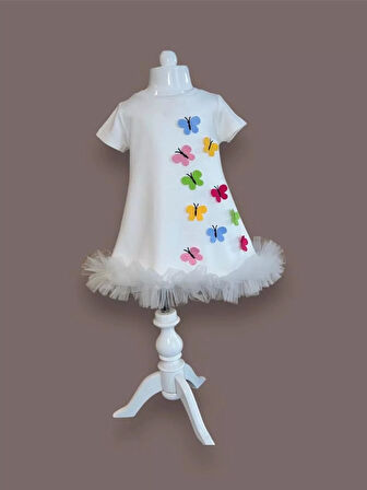 1-2-3 Yaş Renkli Kelebekler Nakışlı Eteği Fırfırlı Jile Çocuk Elbisesi Beyaz