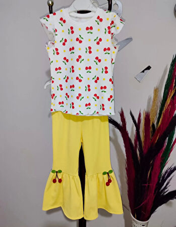 1-2-3-4 Yaş Kiraz Baskılı Tişört İspanyol Paçalı Likralı 2li Kız Çocuk Takımı Sarı