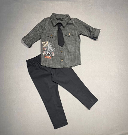 3-4-5 Yaş Kravatlı Keten Gömlek Gabardin Pantolon Uzun Kollu 3lü Erkek Çocuk Takımı Siyah