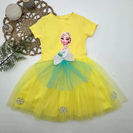 5-6-7 Yaş Elsa Desenli Fiyonklu Tül Etekli Astarlı Kısa Kollu Kız Çocuk Tütü Elbise Sarı