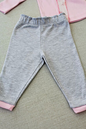 3-6 6-9 9-12 Ay Matmazel Yaka Fırfır Detaylı Bandanalı Uzun Kollu Sweat 3lü Kız Bebek Takımı Pembe