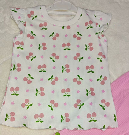 1-2-3-4 Yaş Kiraz Baskılı Tişört İspanyol Paçalı Likralı 2li Kız Çocuk Takımı Pembe