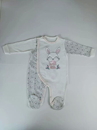 0-3 3-6 Ay Minik Tavşan Nakışlı Boydan Çıtçıt Kapamalı Kız Erkek Bebek Tulumu Ekru