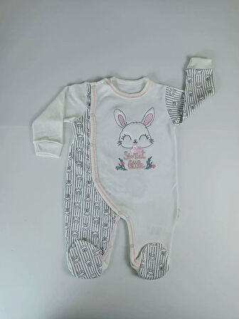 0-3 3-6 Ay Minik Tavşan Nakışlı Boydan Çıtçıt Kapamalı Kız Erkek Bebek Tulumu Ekru