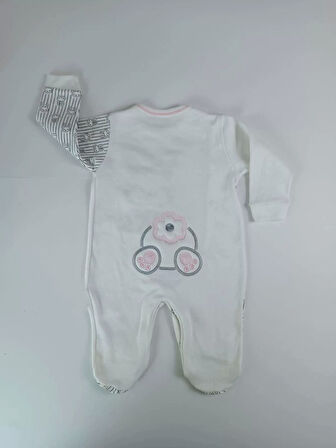 0-3 3-6 Ay Minik Tavşan Nakışlı Boydan Çıtçıt Kapamalı Kız Erkek Bebek Tulumu Ekru