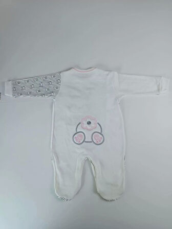 0-3 3-6 Ay Minik Tavşan Nakışlı Boydan Çıtçıt Kapamalı Kız Erkek Bebek Tulumu Ekru