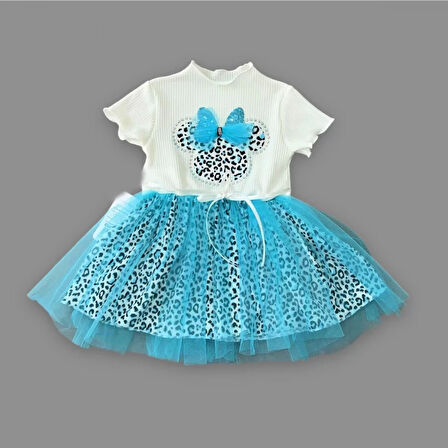 1-2-3 Yaş Fiyonklu Mickey Astarlı Etekli Kız Bebek Tütü Elbisesi Turkuaz-ekru