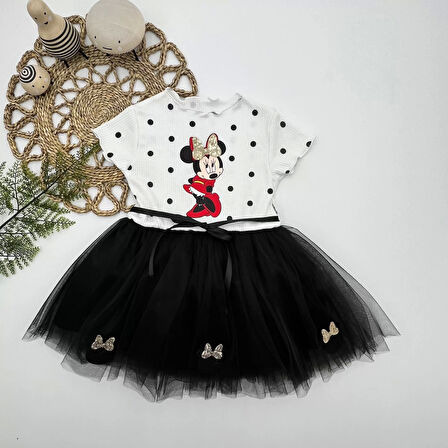 2-3-4 Yaş Puantiyeli Mickey Baskılı Kurdela Kuşaklı Astarlı Kız Bebek Tütü Elbisesi Siyah