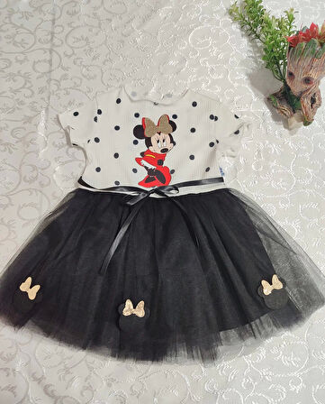 2-3-4 Yaş Puantiyeli Mickey Baskılı Kurdela Kuşaklı Astarlı Kız Bebek Tütü Elbisesi Siyah