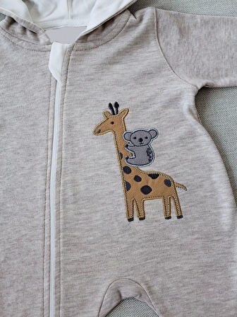 6-9 9-12 Ay Ef Çizgi Boy Fermuarlı Zürafa Nakışlı Kapşonlu Kız Erkek Bebek Tulumu Kahvemelanj