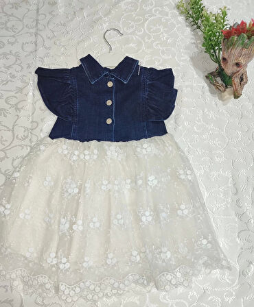 2-3-4 Yaş Astarlı Brode Etekli Kot Kumaş Düğmeli Kız Çocuk Elbisesi Mavi