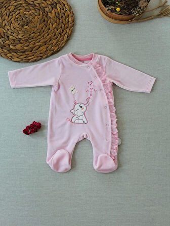 3-6 6-9 9-12 Ay Romantik Fil Nakışlı Pembe Süslü Kız Bebek Tulumu Pembe