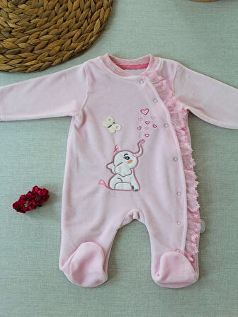 3-6 6-9 9-12 Ay Romantik Fil Nakışlı Pembe Süslü Kız Bebek Tulumu Pembe