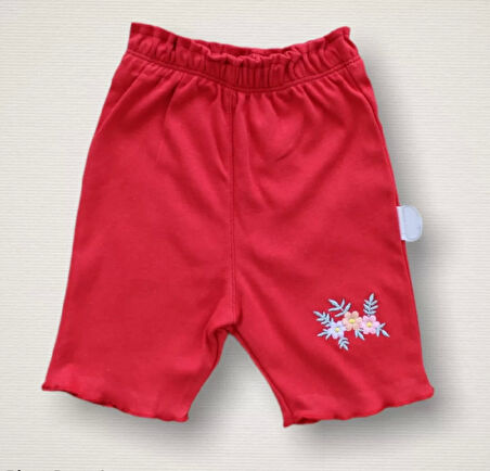 3-6 6-9 9-12 Ay Melek Kız Nakışlı Bandanalı Kısa Kollu Sweatli Şortlu 3lü Kız Bebek Takımı Kırmızı