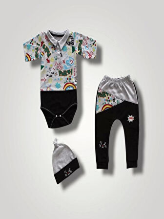 6-9 12-18 18-24 Ay Power Kedi Nakışlı Uzun Kollu Zıbınlı Şapkalı 3lü Kız Erkek Bebek Takımı Siyah