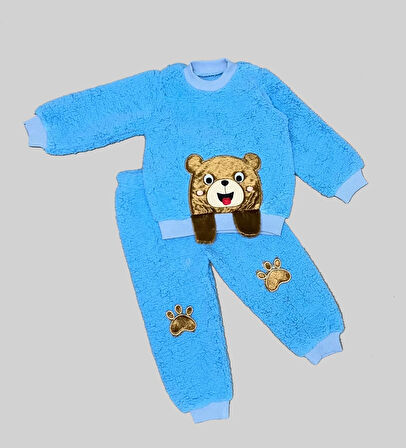 1-2-3 Yaş Sallanan El Ayıcıklı Kuzu Kumaş Sweat Patili Pantolon Uzun Kollu Kız Erkek Çocuk  2 Li Takımı Saks Mavisi