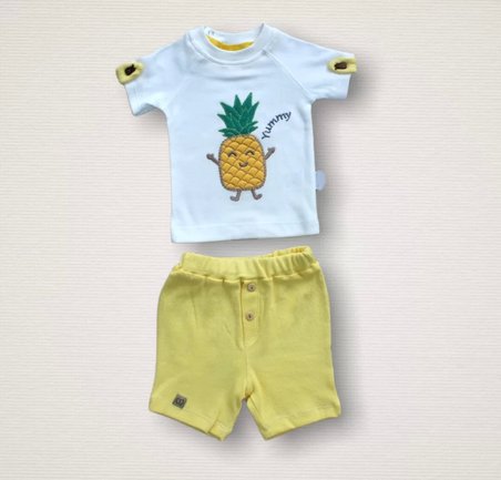 6-9 9-12 12-18 Ay Ananas Nakışlı Kısa Kollu Sweatli Şortlu 2li Kız-erkek Bebek Takımı Sarı