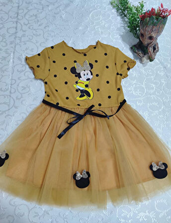 2-3-4 Yaş Puantiyeli Mickey Baskılı Kurdela Kuşaklı Astarlı Kız Bebek Tütü Elbisesi Hardal