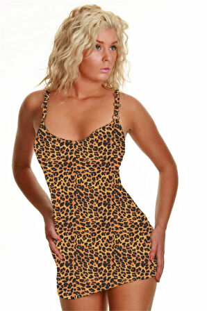 B101449 Leopar Desenli Metal Halka Detaylı Mini Elbise