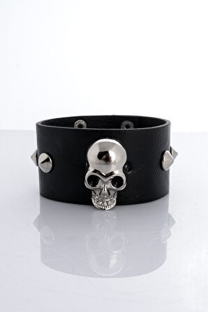 Skull Spike Suni Deri Bileklik