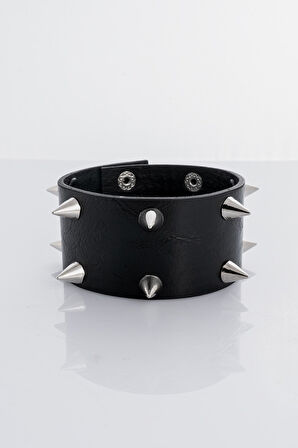 Double Spike Suni Deri Bileklik