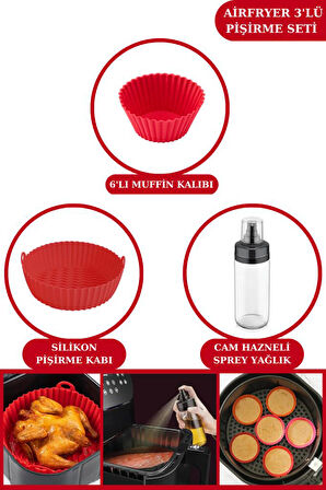 Silicolife Airfryer Pişirme Kabı, 6’lı Muffin Kek Kalıbı ve Sprey Cam Yağlık- Tüm Fritözlerle Uyumlu