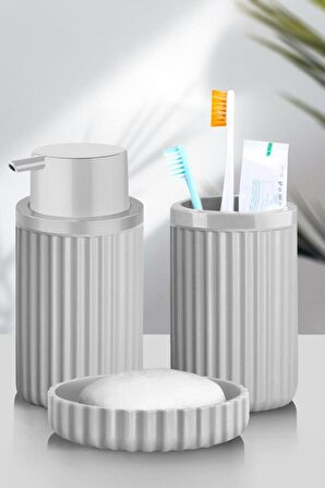 Flora 5 Parça Banyo Seti (Çöp Kovası 6 lt, WC Fırça, Sıvı Sabunluk, Katı Sabunluk, Diş Fırçalık) Gri