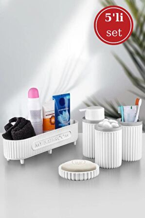 Flora 5 Parça Banyo Seti (Çok Amaçlı Sepet, Sıvı Sabunluk, Katı Sabunluk, Diş Fırçalık, Pamukluk) Beyaz