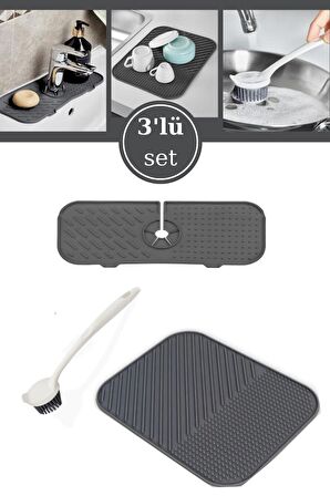 3’lü Lavabo Matı Seti, Çok Amaçlı Kurutmalık + Musluk Matı + Silikon Uçlu Bulaşık Fırçası 3’lü Set