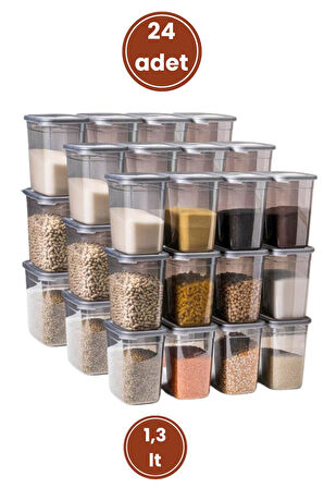 Flora Kare Erzak Saklama Kabı 24'lü Set, Gıda Baharat Bakliyat Saklama Kabı Orta Boy 24x(1,3 lt)