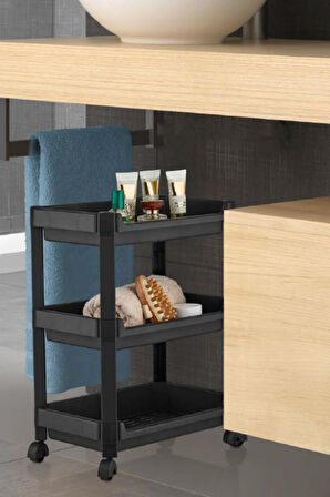 Flosoft 3 Katlı Tekerlekli Düzenleyici Raf, Mutfak Banyo Temizlik Katlı Organizer (22x36x48cm) Siyah