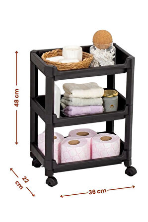 Flosoft 3 Katlı Tekerlekli Düzenleyici Raf, Mutfak Banyo Temizlik Katlı Organizer (22x36x48cm) Siyah