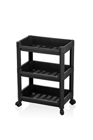 Flosoft 3 Katlı Tekerlekli Düzenleyici Raf, Mutfak Banyo Temizlik Katlı Organizer (22x36x48cm) Siyah