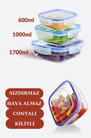 Flosoft Sızdırmaz Hava Almaz Contalı Kilitli Kare Saklama Kabı 3’lü Set (600ml,1000ml,1700ml)