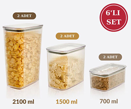 Flosoft Vakum Kapaklı Çizgi Desen Erzak Saklama Kabı 6’lı Set 2x(2100ml,1500ml,700ml)