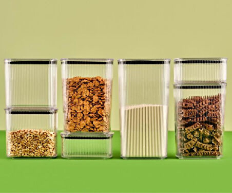 Flosoft Vakum Kapaklı Çizgi Desen Erzak Saklama Kabı 6’lı Set 2x(2100ml,1500ml,700ml)