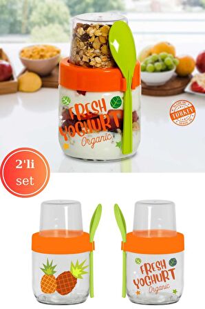 Flosoft 2'li Kaşıklı Cam Müsli Kabı Seti, Meyve Yoğurt Yulaf Müsli Granola Diyet Saklama Kabı 425ml x 2 ADET