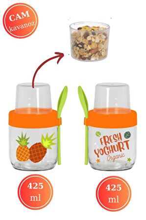 Flosoft 2'li Kaşıklı Cam Müsli Kabı Seti, Meyve Yoğurt Yulaf Müsli Granola Diyet Saklama Kabı 425ml x 2 ADET