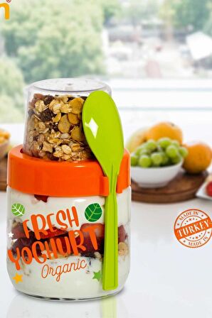 Flosoft 2'li Kaşıklı Cam Müsli Kabı Seti, Meyve Yoğurt Yulaf Müsli Granola Diyet Saklama Kabı 425ml