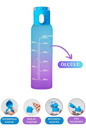 Flosoft Çift Renk Düğmeli Tüp Suluk, Okul ve Sporcu Matarası, Motivasyonel Su Şişesi 750ml Mavi