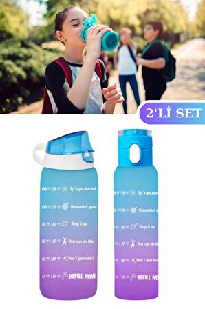 Flosoft Okul ve Sporcu Matarası Suluk, Motivasyonel Su Şişesi 2’li Set Mavi (1000ml+750 ml)