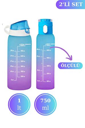 Flosoft Okul ve Sporcu Matarası Suluk, Motivasyonel Su Şişesi 2’li Set Mavi (1000ml+750 ml)