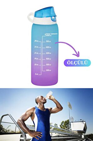 Flosoft Okul ve Sporcu Matarası Suluk, Motivasyonel Su Şişesi 2’li Set Mavi (1000ml+750 ml)