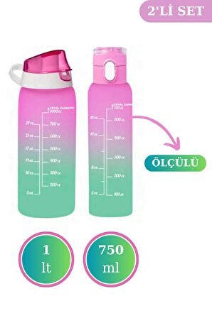 Flosoft Okul ve Sporcu Matarası Suluk, Motivasyonel Su Şişesi 2’li Set Pembe (1000ml+750 ml)