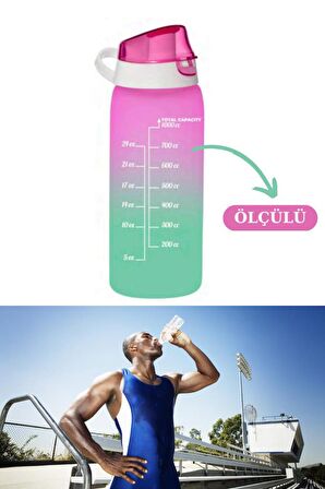 Flosoft Okul ve Sporcu Matarası Suluk, Motivasyonel Su Şişesi 2’li Set Pembe (1000ml+750 ml)